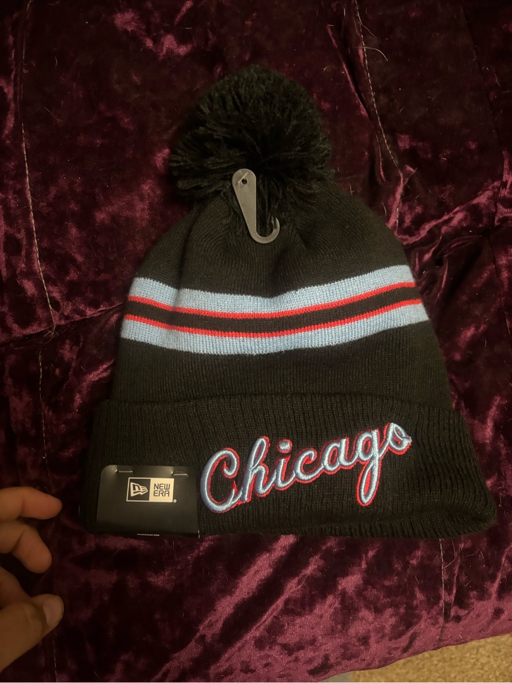 New Era Chicago Black Pom Beanie with Blue & Red Stripes